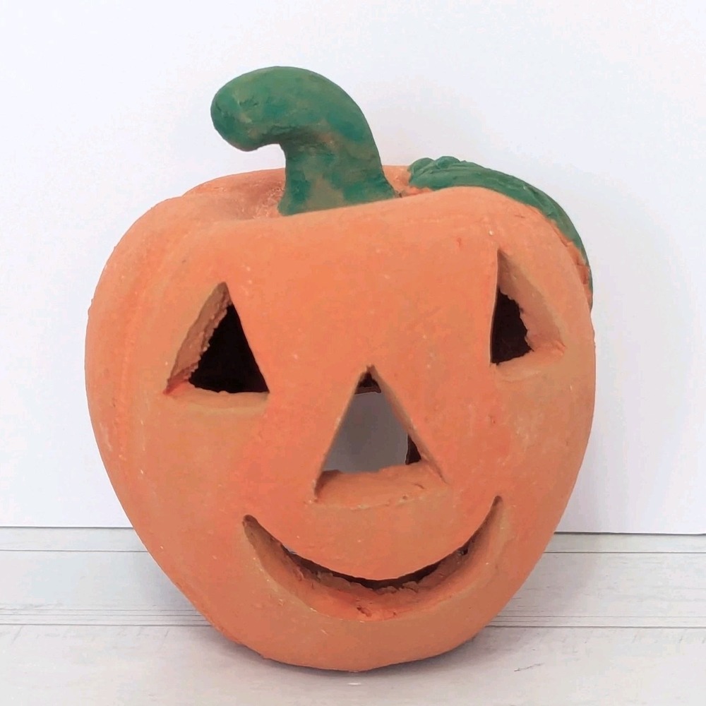 Primitive Jack O Lantern Pumpkin Pottery Halloween Luminary Candle Holder 5"